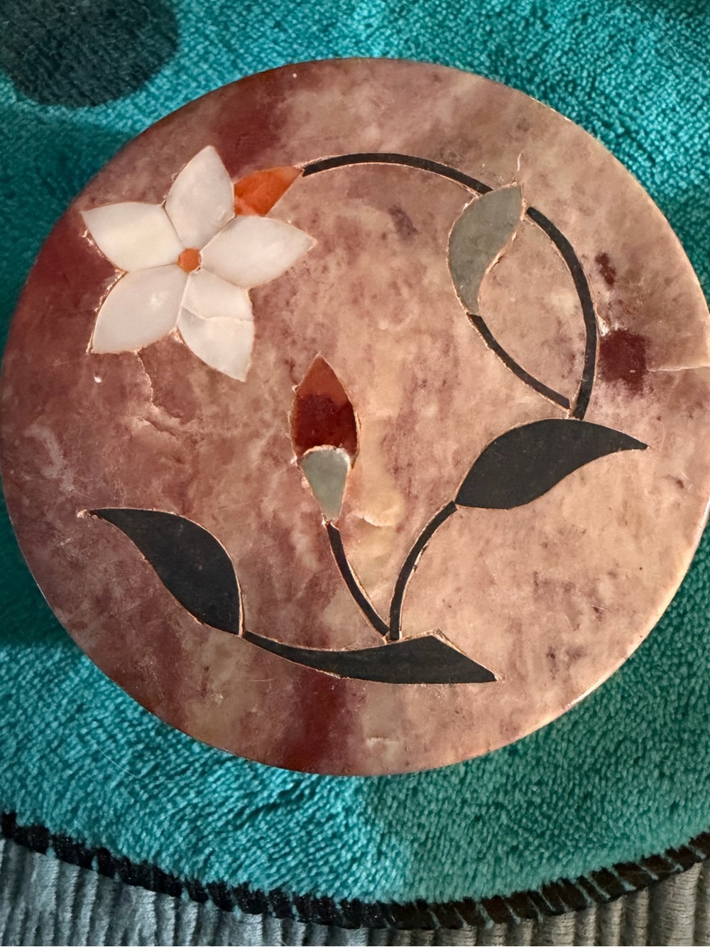Vintage 70’s Marble Stone Trinket Box w/Mother Pearl Floral Design